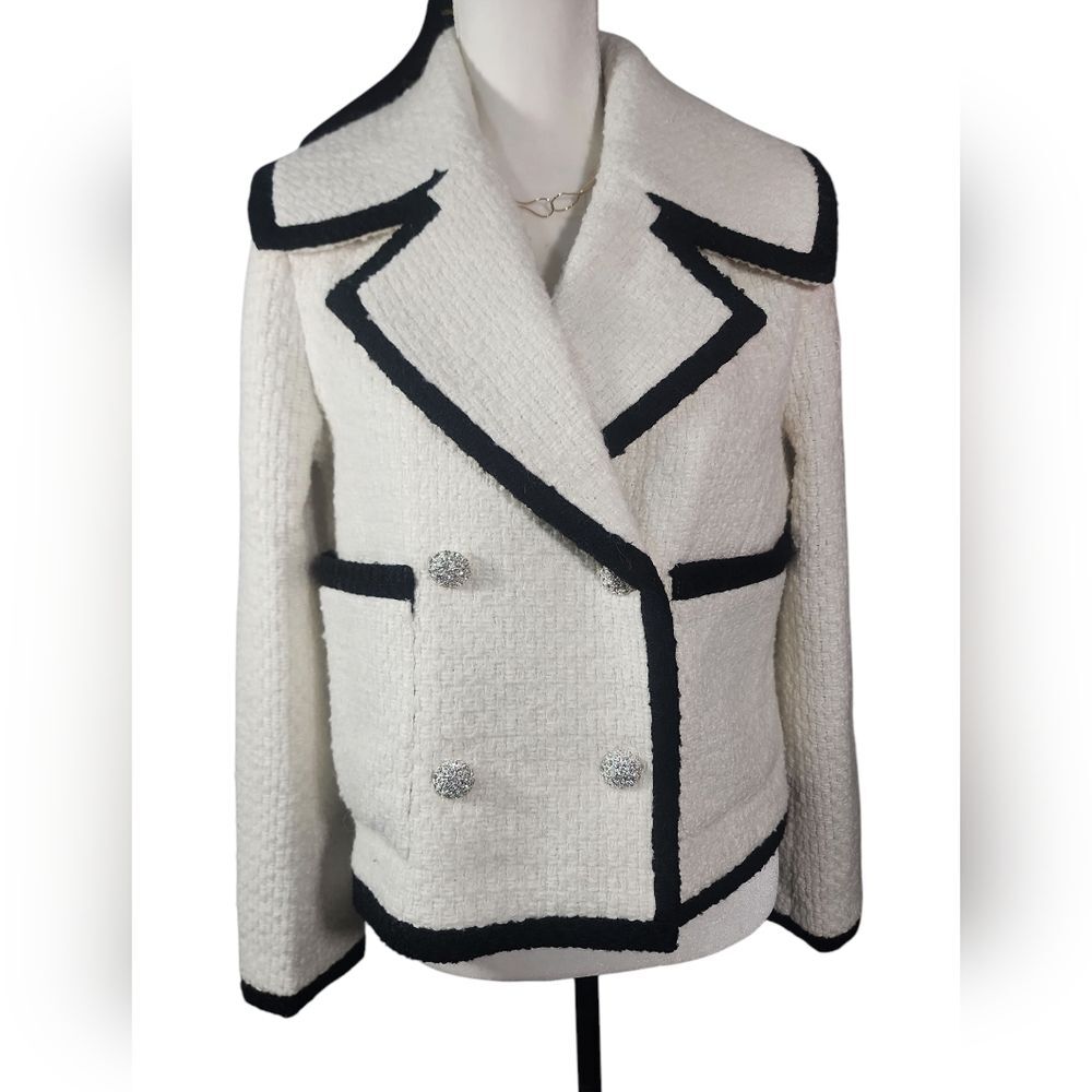 Avec Les Filles Black and White Blazer Tweed Double Breasted Tipped Jacket. M - Picture 11 of 16